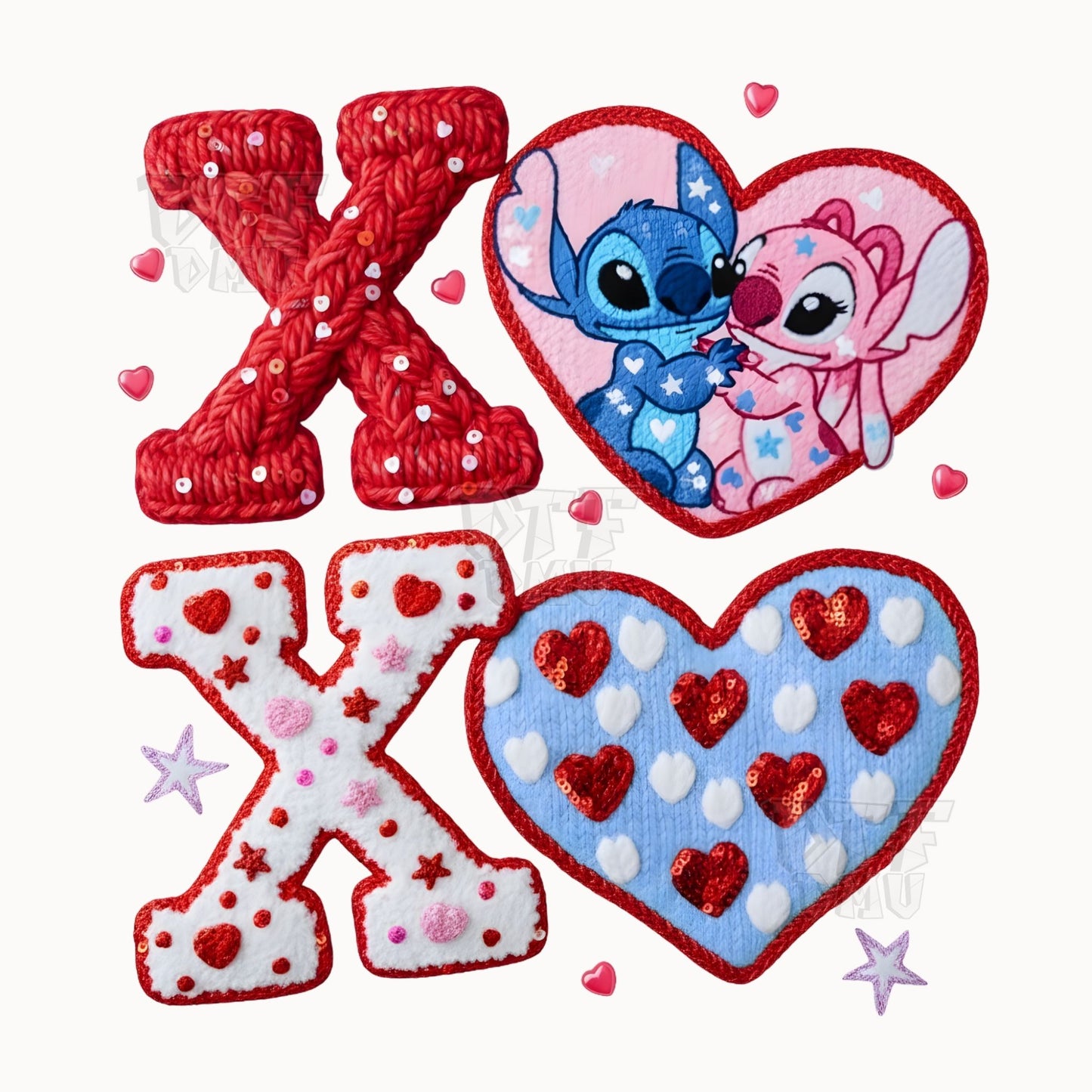 XOXO Mickey/Minnie/Stitch Faux Yarn Valentine's Day  DTF Transfer Print Only.