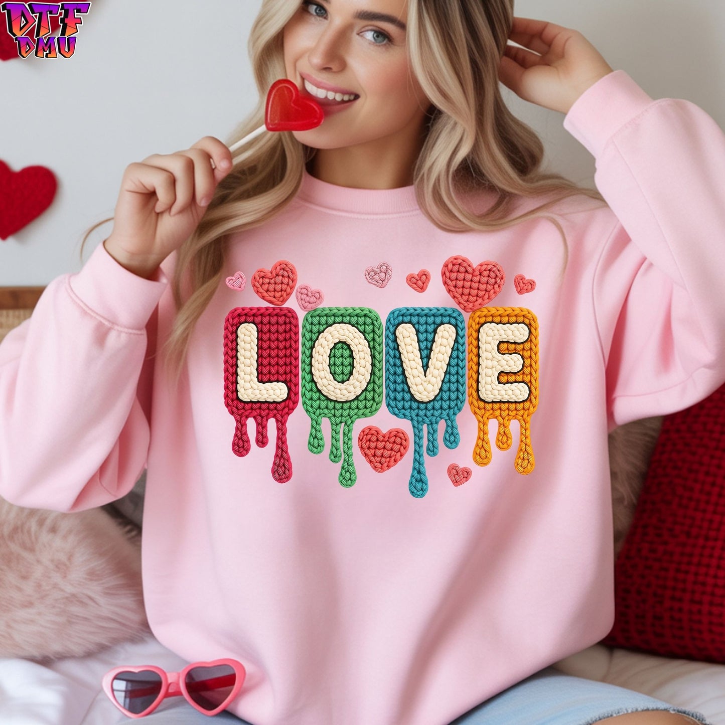 LOVE Faux Yarn/Crochet Valentine's Day DTF Transfer Print Only.
