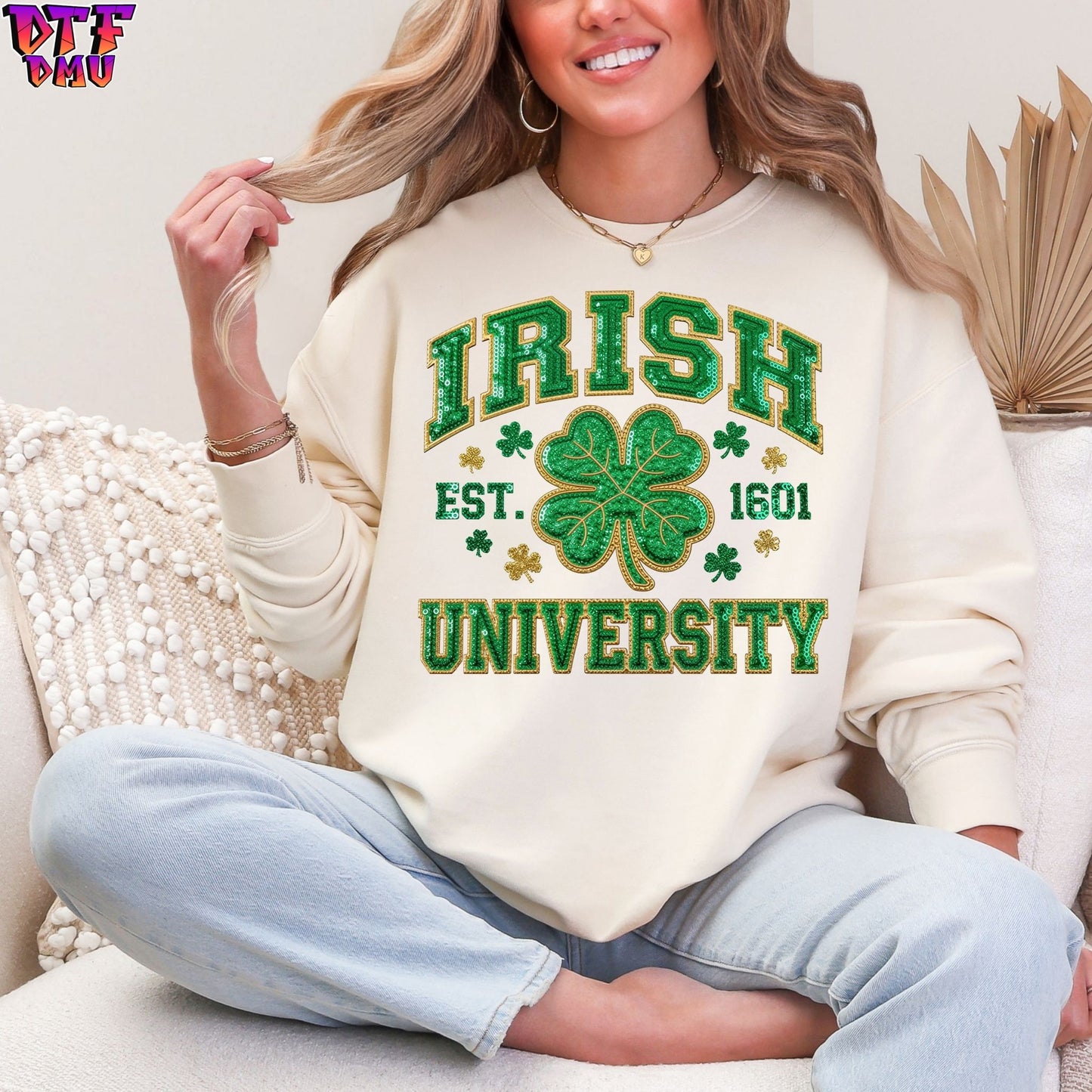 IRISH UNIVERSITY Faux Glitter St. Patrick's Day DTF Transfer print Only.