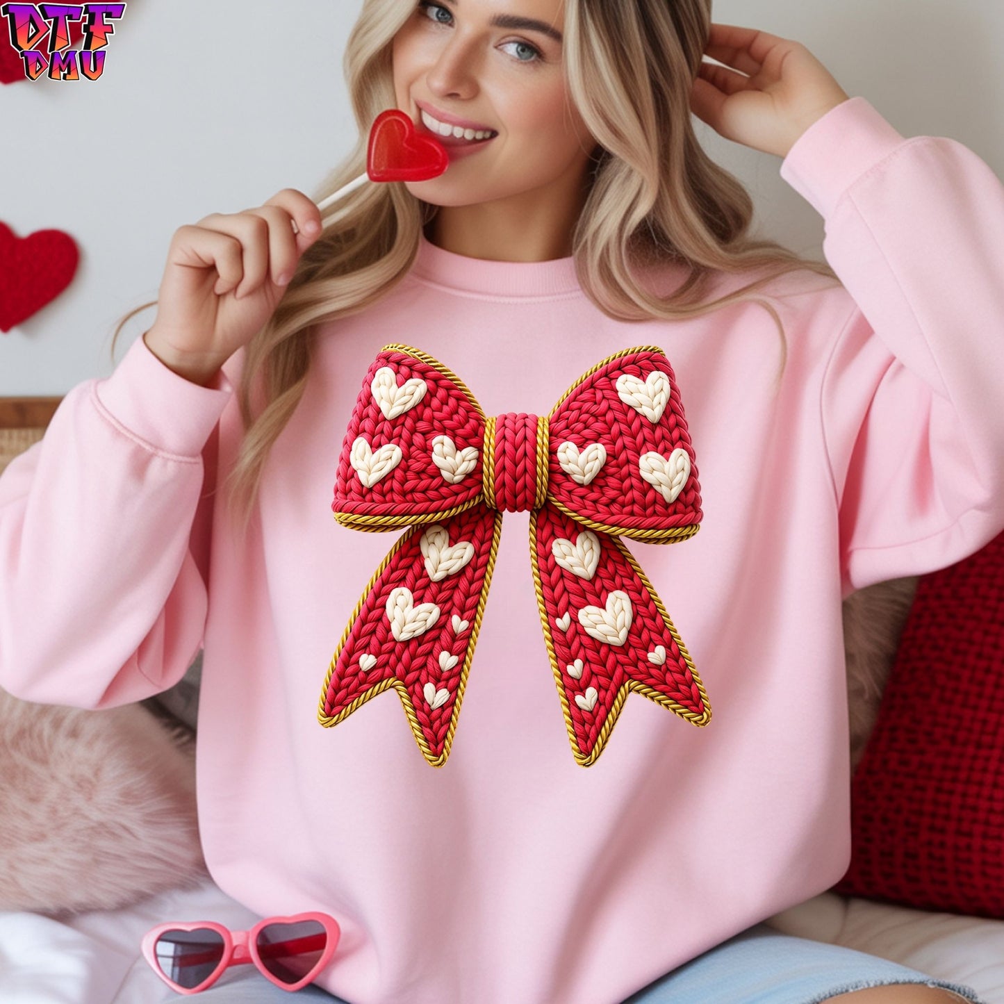 BOW Faux Yarn/Crochet Valentine's Day DTF Transfer Print Only.