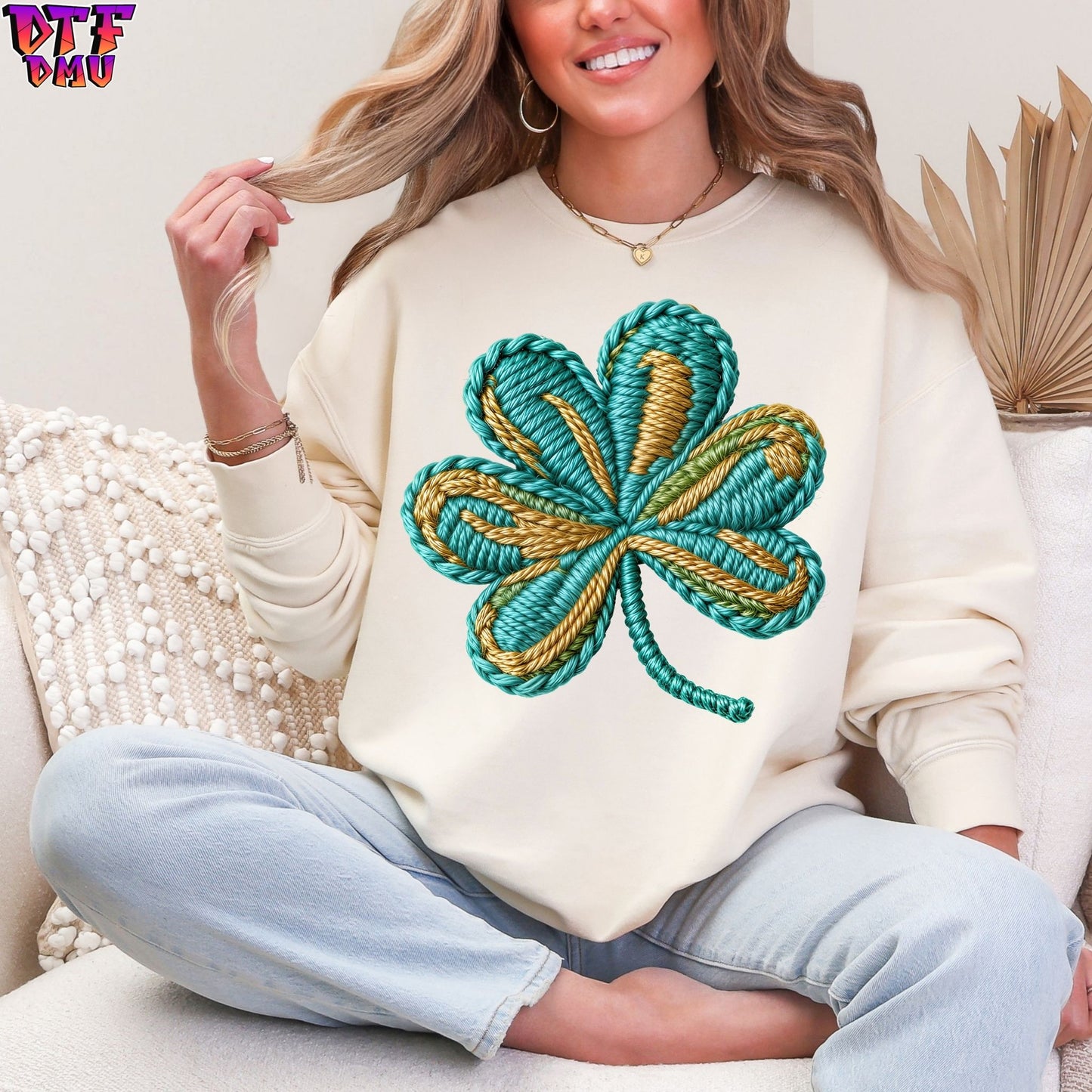 CLOVER LEAF Faux Yarn/Crochet St. Patrick's Day DTF Transfer print Only.