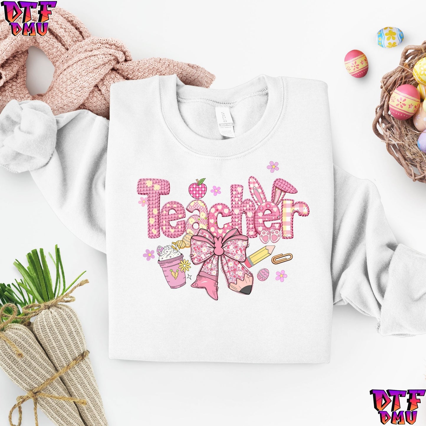 TEACHER Easter Faux Yarn/Crochet DTF Transfer Print
