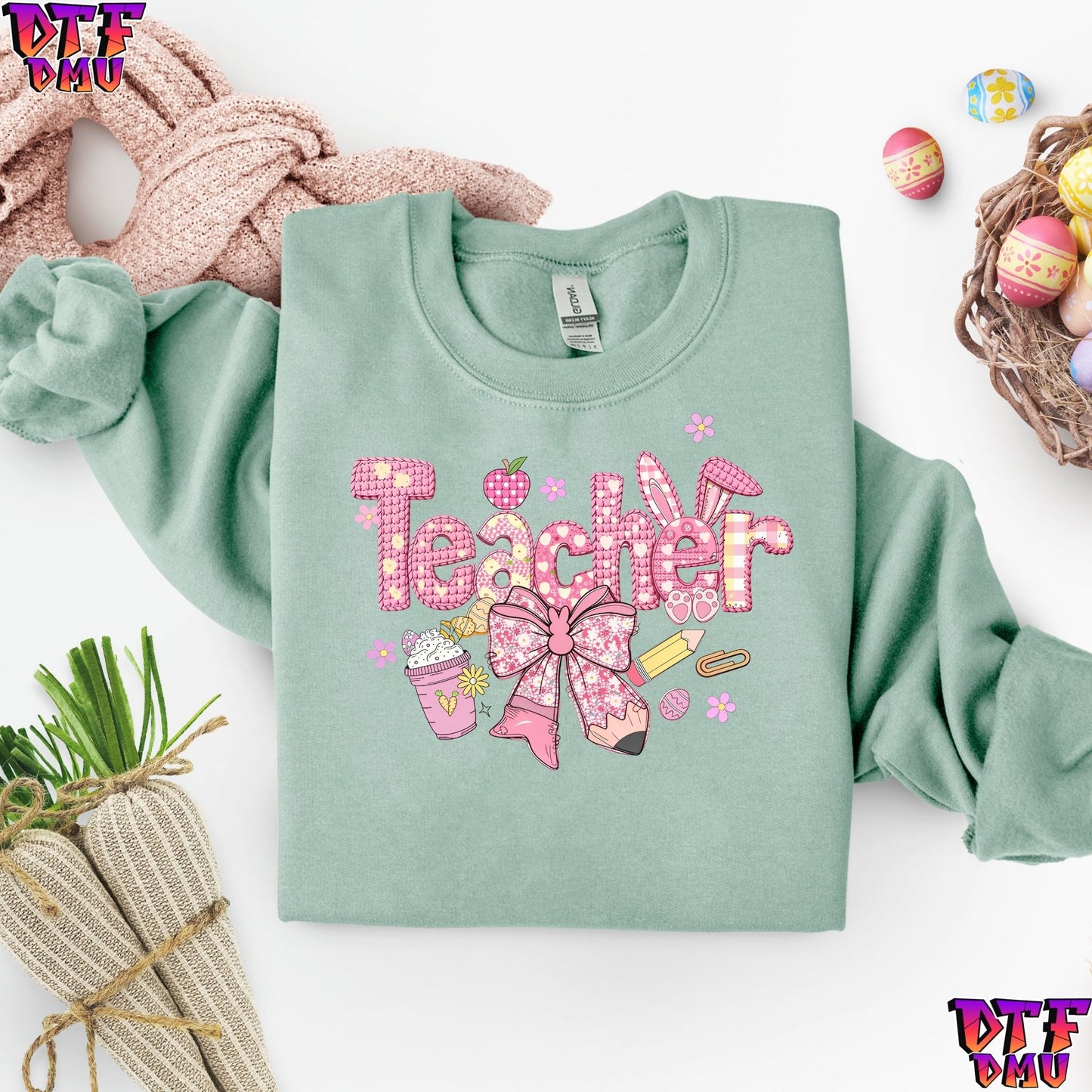 TEACHER Easter Faux Yarn/Crochet DTF Transfer Print