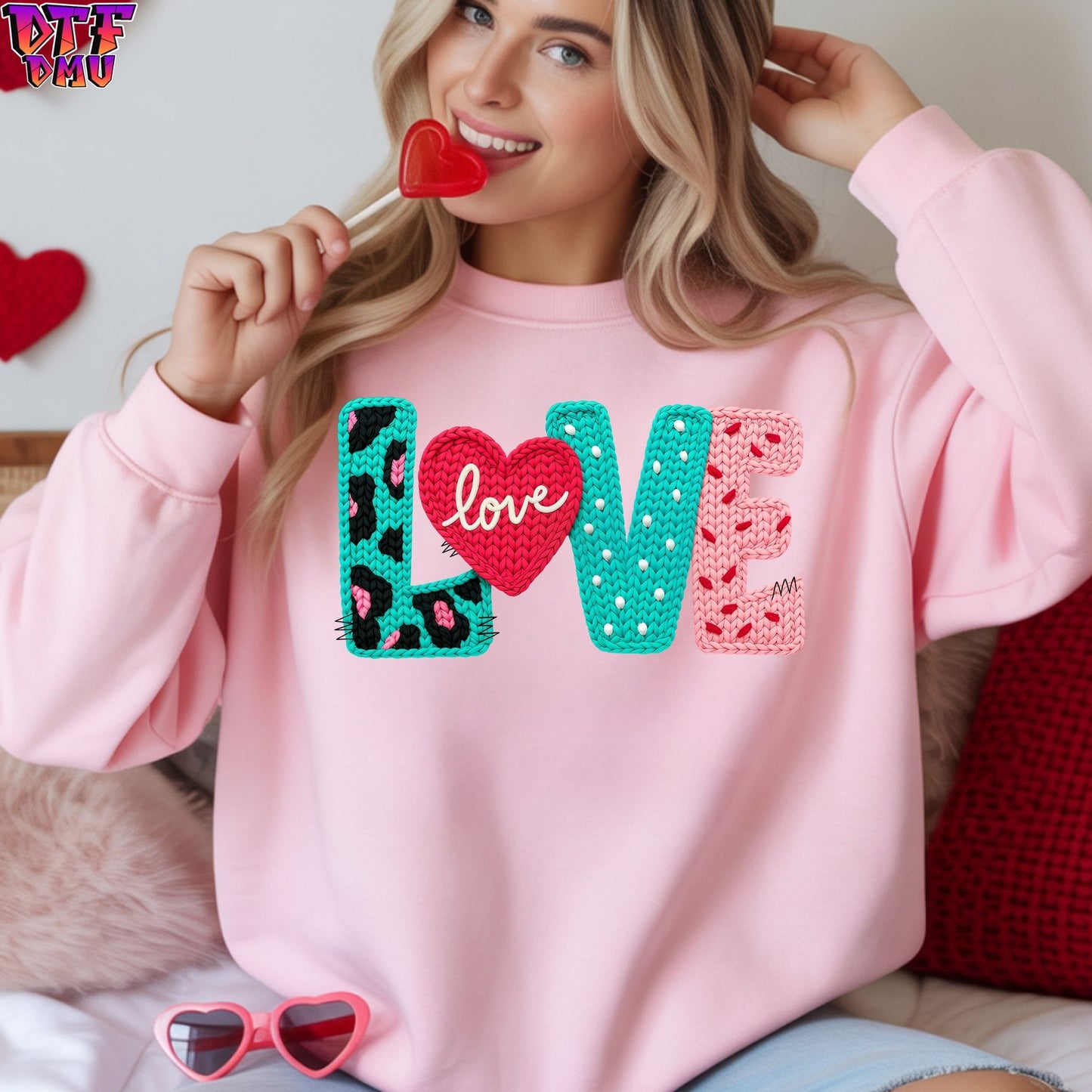 LOVE Faux Yarn/Crochet Valentine's Day DTF Transfer Print Only.
