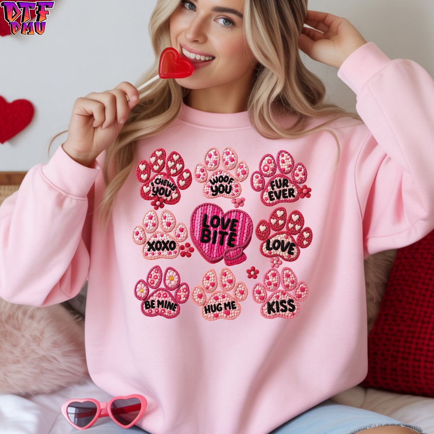 LOVE BITE PAWs Valentine's Day Faux Yarn/Crochet DTF Transfer Print Only.
