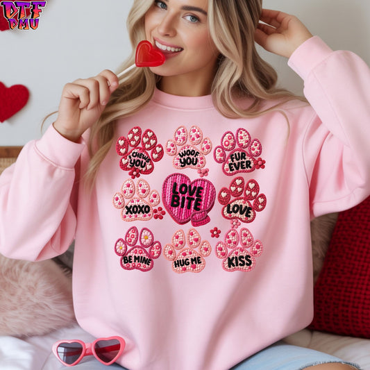 LOVE BITE PAWs Valentine's Day Faux Yarn/Crochet DTF Transfer Print Only.