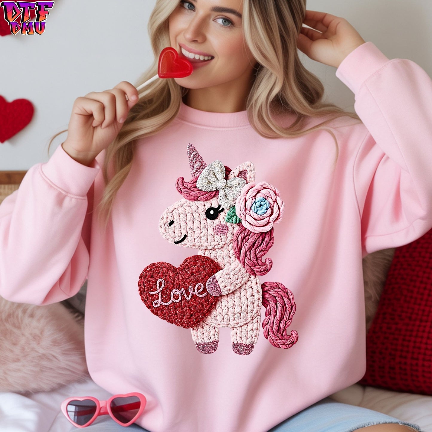 LOVE Unicorn Faux Yarn/Crochet Valentine's Day DTF Transfer Print Only.