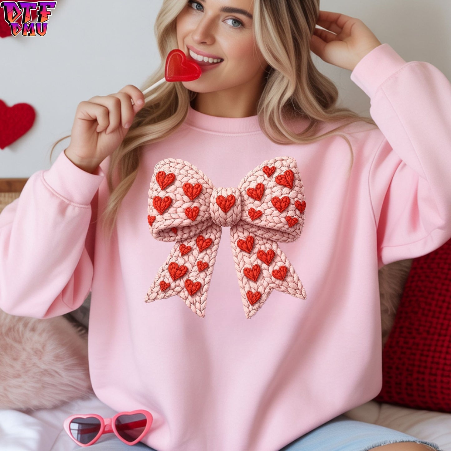 BOW Faux Yarn/Crochet Valentine's Day DTF Transfer Print Only.