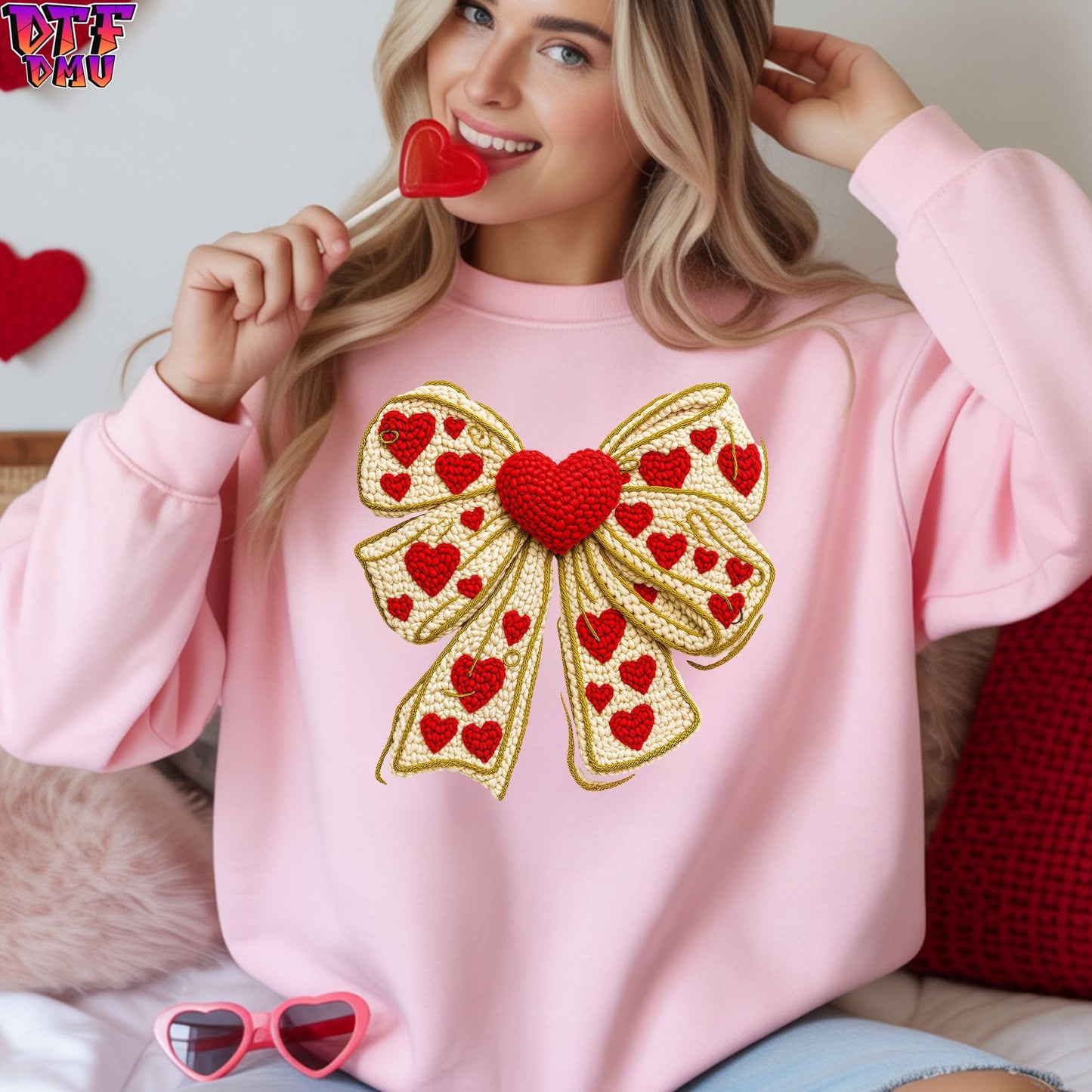 BOW Faux Yarn/Crochet Valentine's Day DTF Transfer Print Only.
