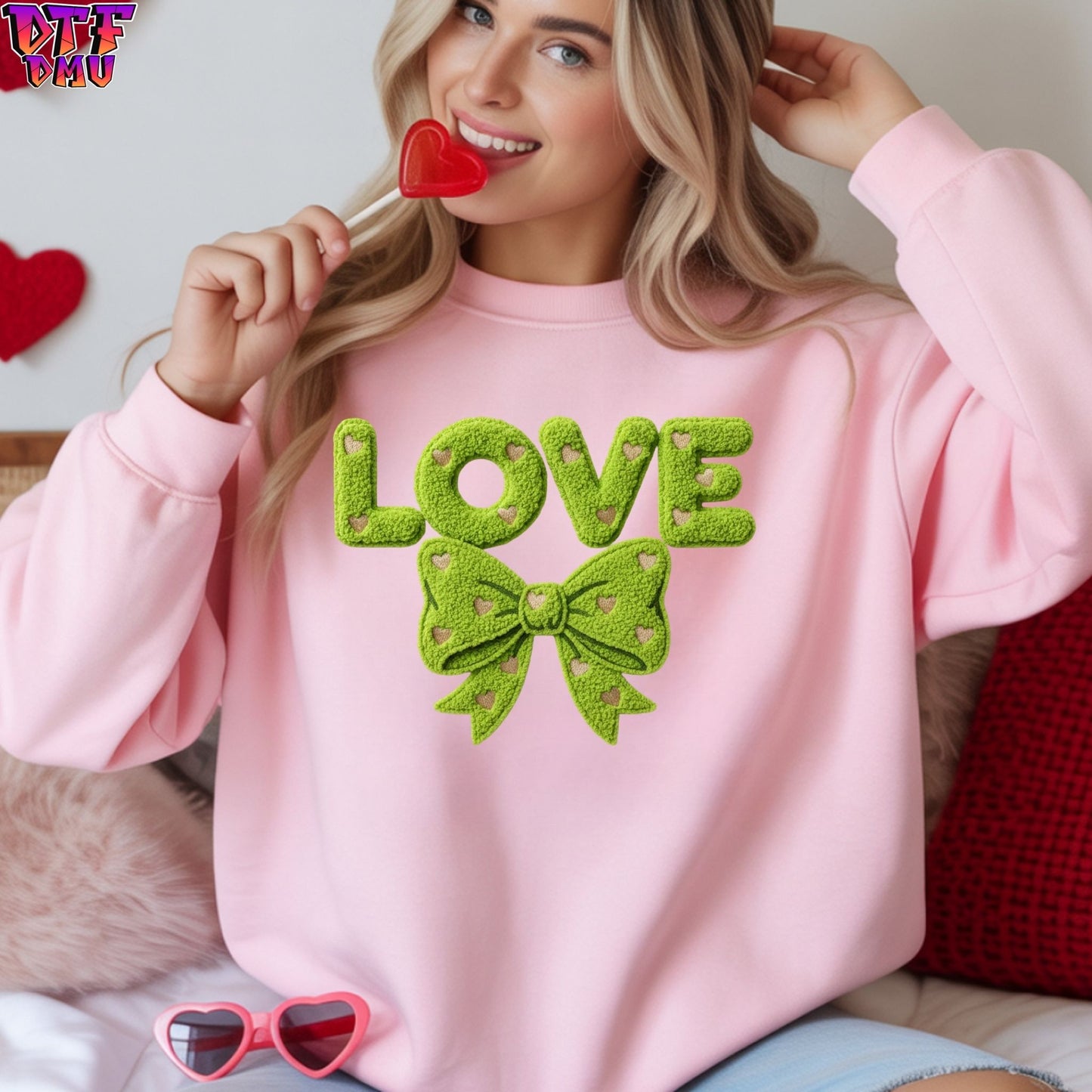 LOVE BOW Faux Yarn/Crochet Valentine's Day DTF Transfer Print Only.