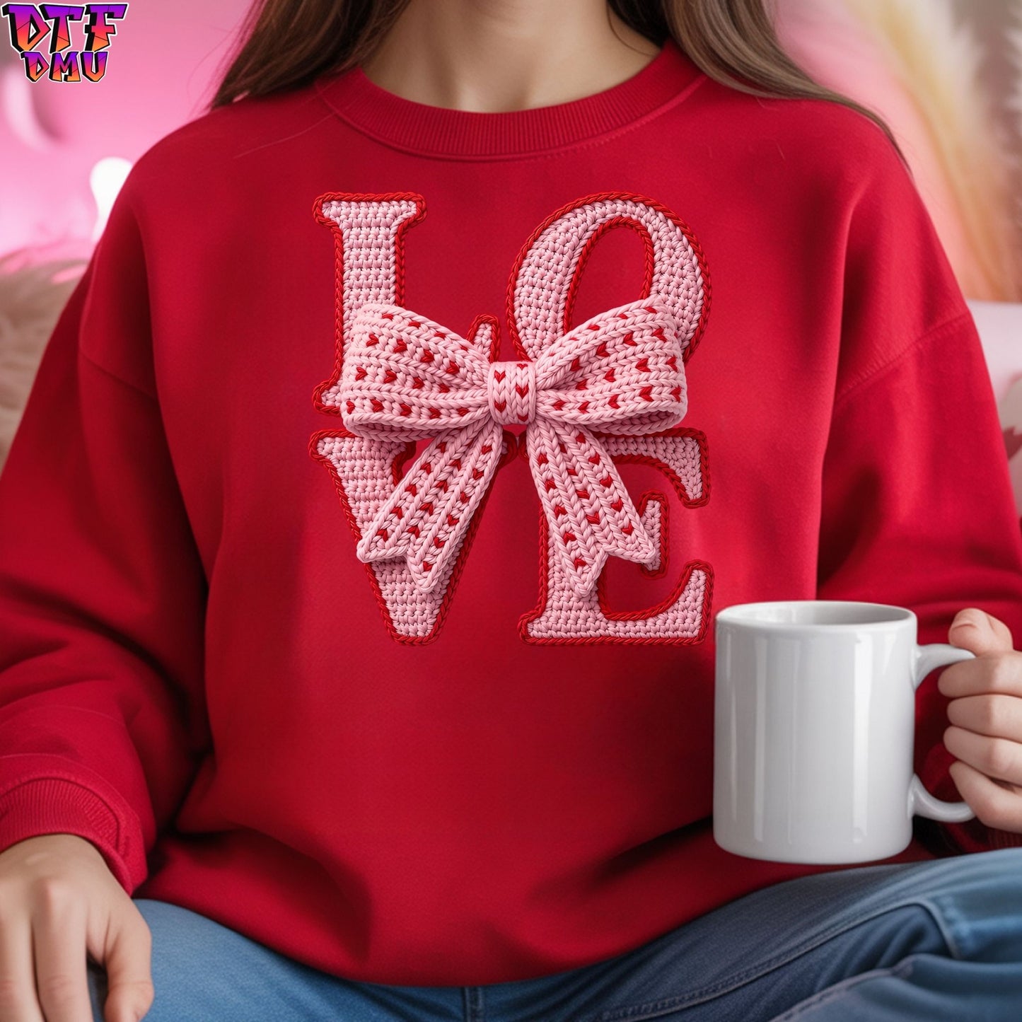 LOVE Faux Yarn/Crochet Valentine's Day DTF Transfer Print Only.